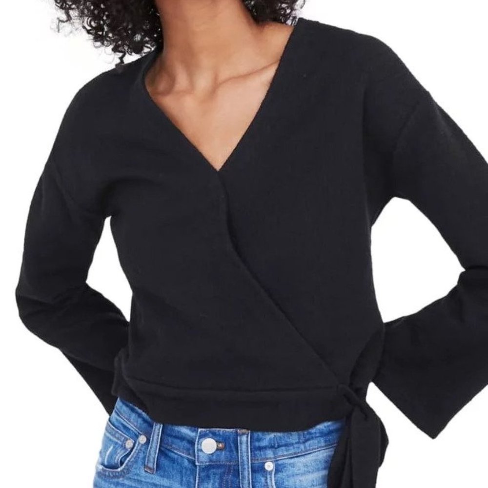 Madewell Black Texture & Thread Long Sleeve Surplice Tie Front Wrap Top Size XS